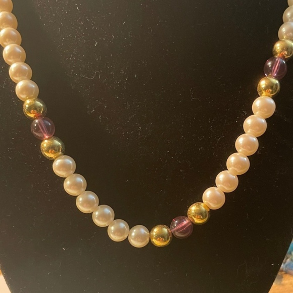 Pearl, Amethyst and gold necklace #916